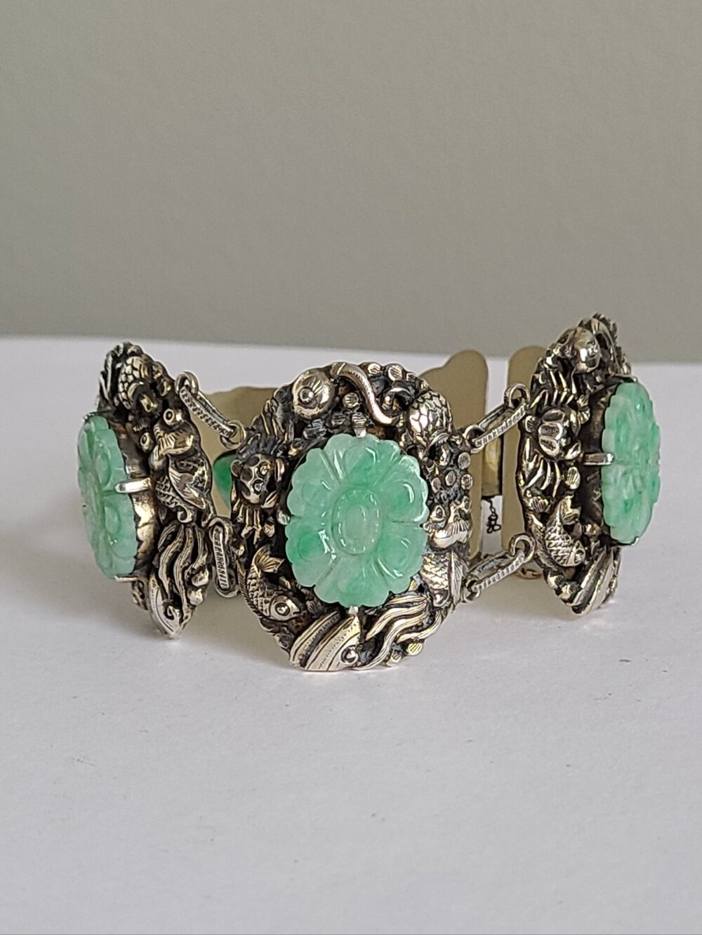 Vintage Art Deco Ornate Chinese Fish Sterling Silver Wide Jade Hinged Bracelet